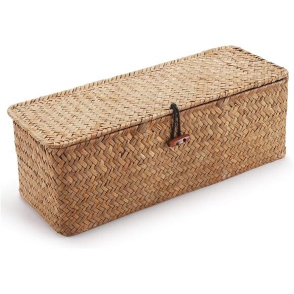 Seagrass Storage Basket with Lid Rectangular Small Woven Shelf Baskets with - Picture 3 of 8